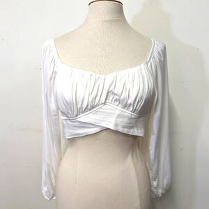 Timing White Summer Long Sleeve Tie Crop Top with Pleating Shirring Detail L